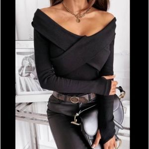 Deep V Off The Shoulders Crisscross Design On Front Peekaboo Thumbs Sweater Top